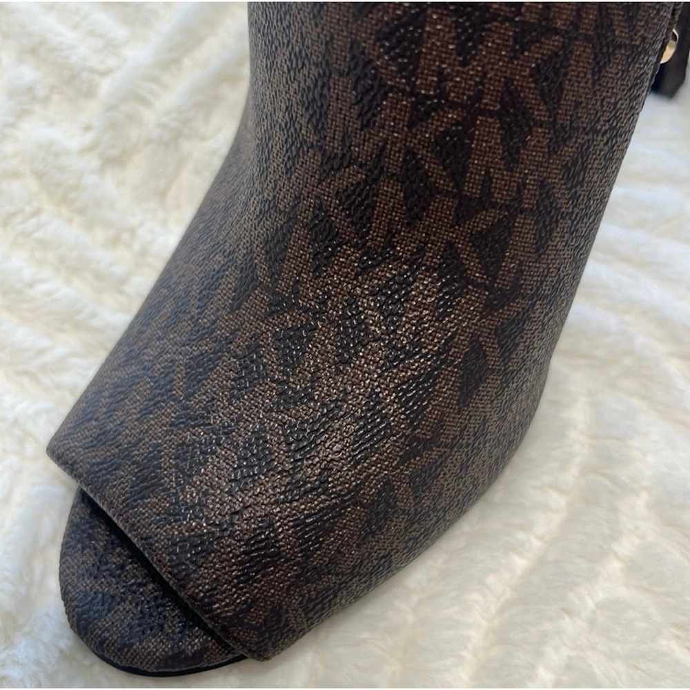 Michael Kors Logo Lawson Studded Heels – Brown Peep Toe Booties – Size 9M - Picture 7 of 12